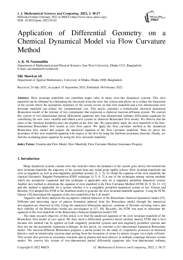(PDF) Application of Differential Geometry on a Chemical Dynamical ...