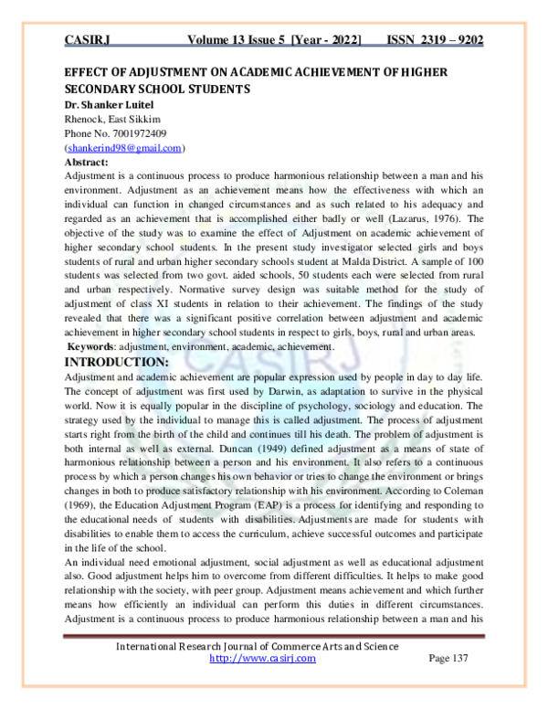 (PDF) EFFECT OF ADJUSTMENT ON ACADEMIC ACHIEVEMENT OF HIGHER SECONDARY ...