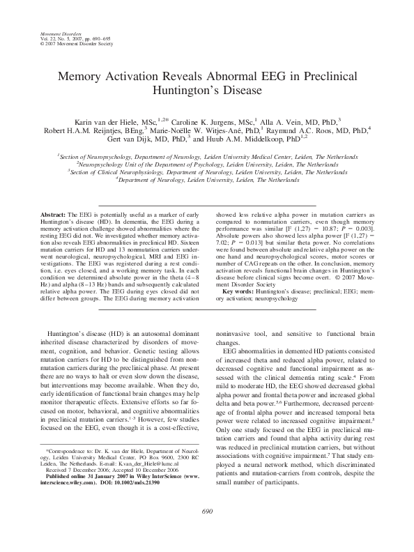 (PDF) Memory activation reveals abnormal EEG in preclinical Huntington ...