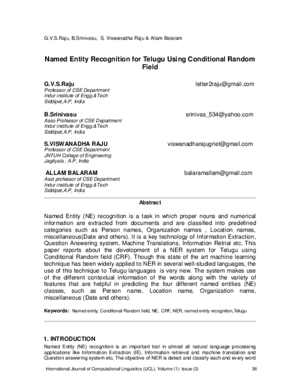(PDF) Named Entity Recognition for Telugu Using Conditional Random Field