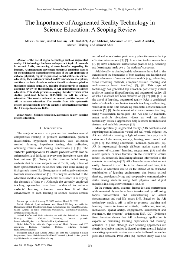 (PDF) The Importance of Augmented Reality Technology in Science ...
