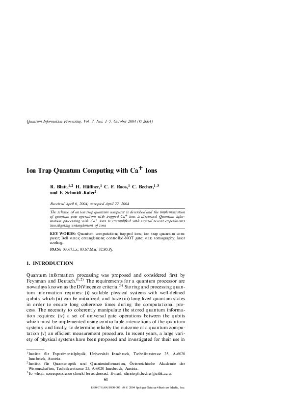 (PDF) Ion Trap Quantum Computing with Ca+ Ions
