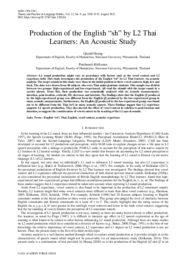 (PDF) Production of the English “sh” by L2 Thai Learners: An Acoustic Study