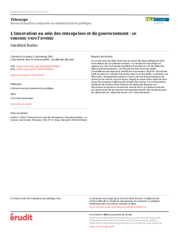 (PDF) L’innovation au sein des entreprises et du gouvernement : se ...