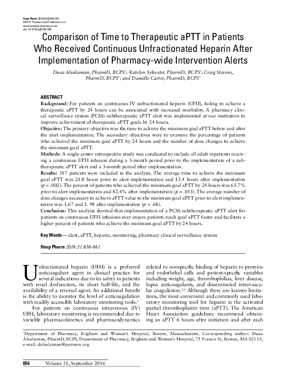 (PDF) Comparison of Time to Therapeutic aPTT in Patients Who Received ...