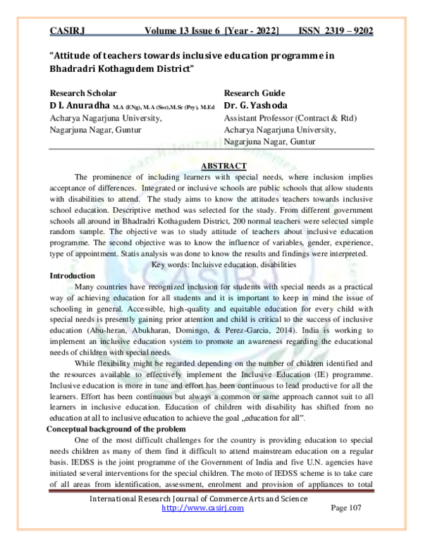 (PDF) Attitude of teachers towards inclusive education programme in ...