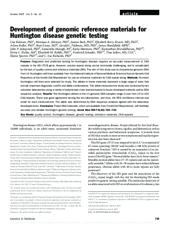 (PDF) Development of genomic reference materials for Huntington disease ...