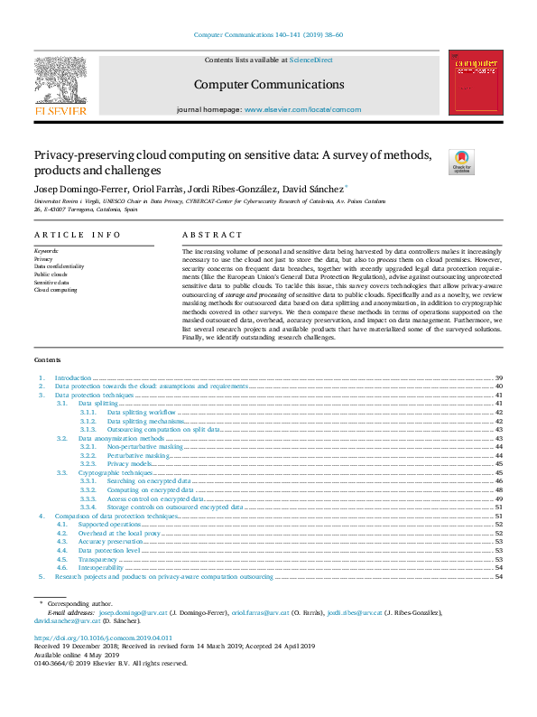 (PDF) Privacy-preserving cloud computing on sensitive data: A survey of ...