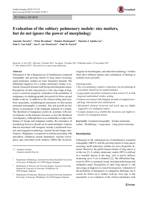 (PDF) Evaluation of the solitary pulmonary nodule: size matters, but do ...