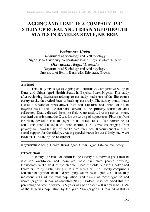 (PDF) Ageing and Health: A Comparative Study of Rural and Urban Aged ...