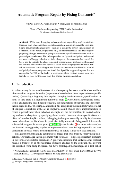 (PDF) Automatic Program Repair by Fixing Contracts