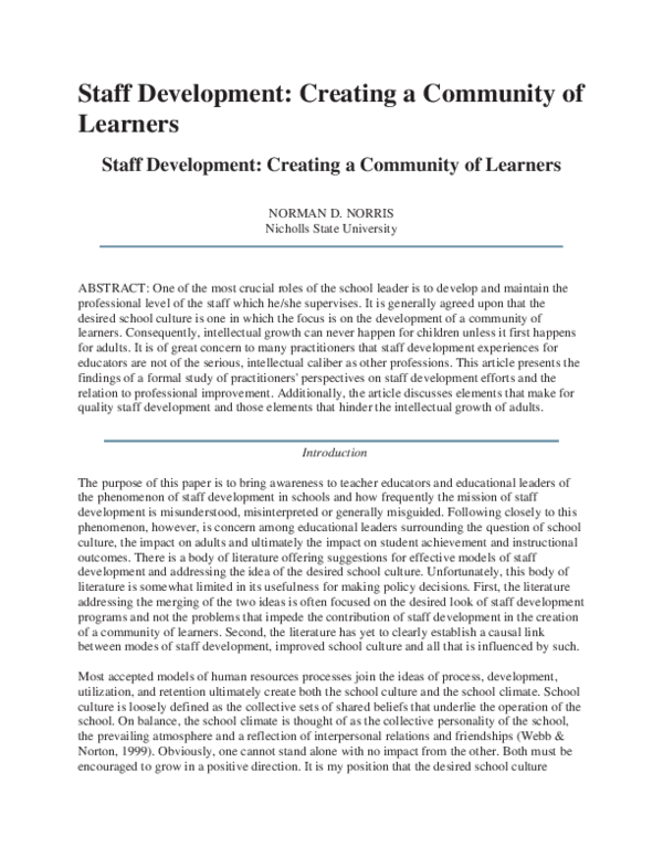 (PDF) Staff Development: Creating a Community of Learners