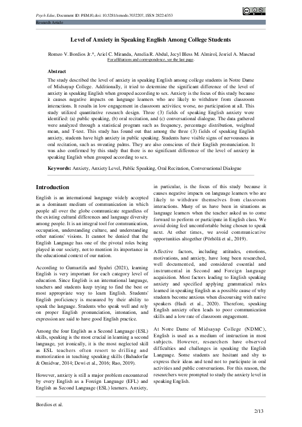 (PDF) Level of Anxiety in Speaking English Among College Students