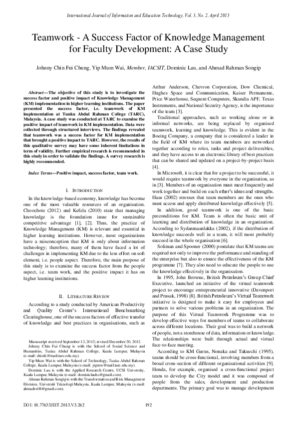 (PDF) Teamwork - A Success Factor of Knowledge Management for Faculty ...