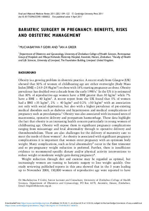 Bariatric Surgery in Pregnancy: Benefits, Risks and Obstetric Management