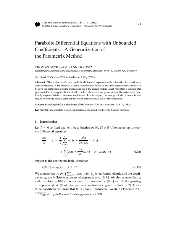 (PDF) Parabolic Differential Equations with Unbounded Coefficients – A ...