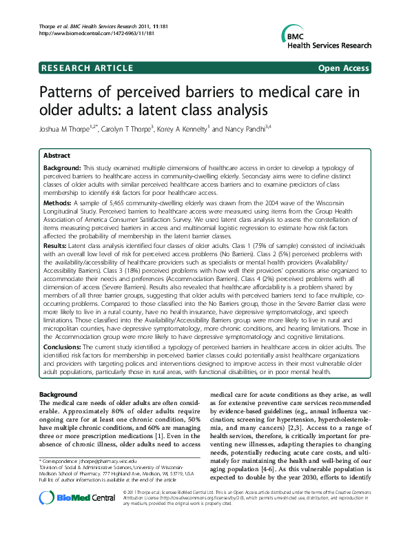 (PDF) Patterns of perceived barriers to medical care in older adults: a ...