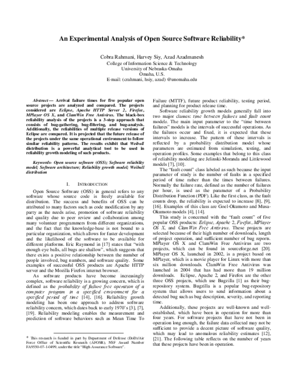(PDF) An experimental analysis of open source software reliability