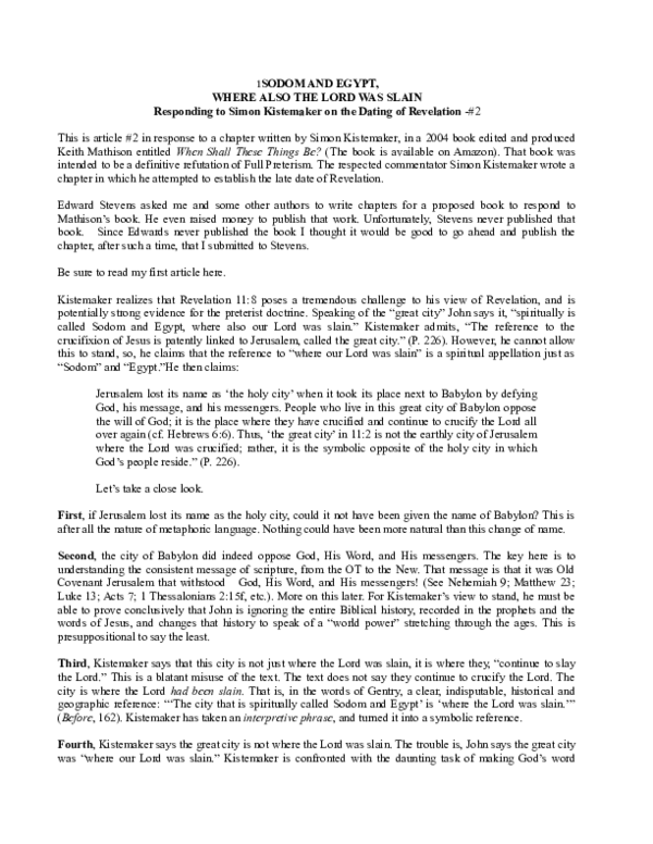 SODOM AND EGYPT WHERE ALSO THE LORD WAS SLAIN Responding to Simon SODOM AND EGYPT WHERE ALSO THE LORD WAS SLAIN Responding to Simon