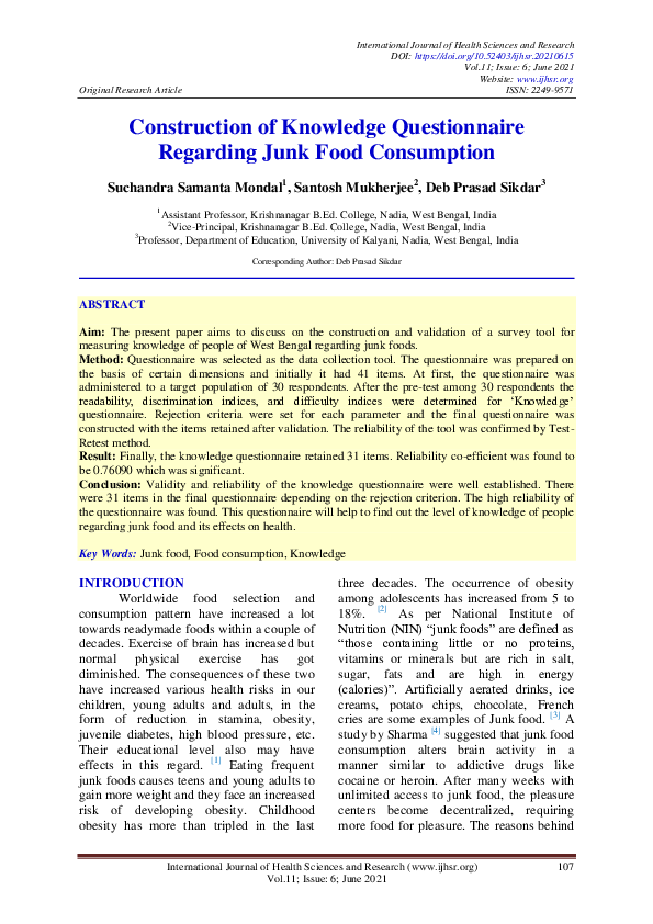 (PDF) Construction of Knowledge Questionnaire Regarding Junk Food ...