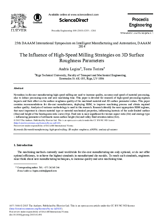 (PDF) The Influence of High-speed Milling Strategies on 3D Surface ...