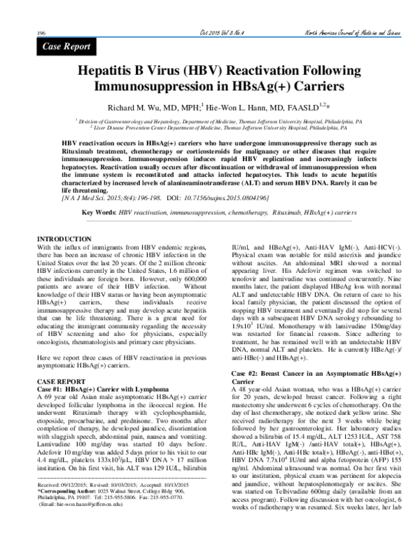 (PDF) Hepatitis B Virus (HBV) Reactivation Following Immunosuppression ...