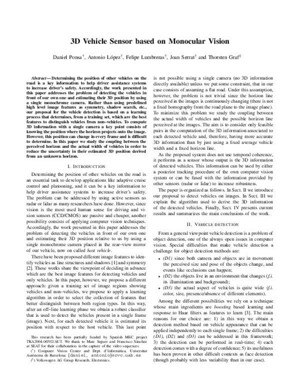 (PDF) 3D vehicle sensor based on monocular vision