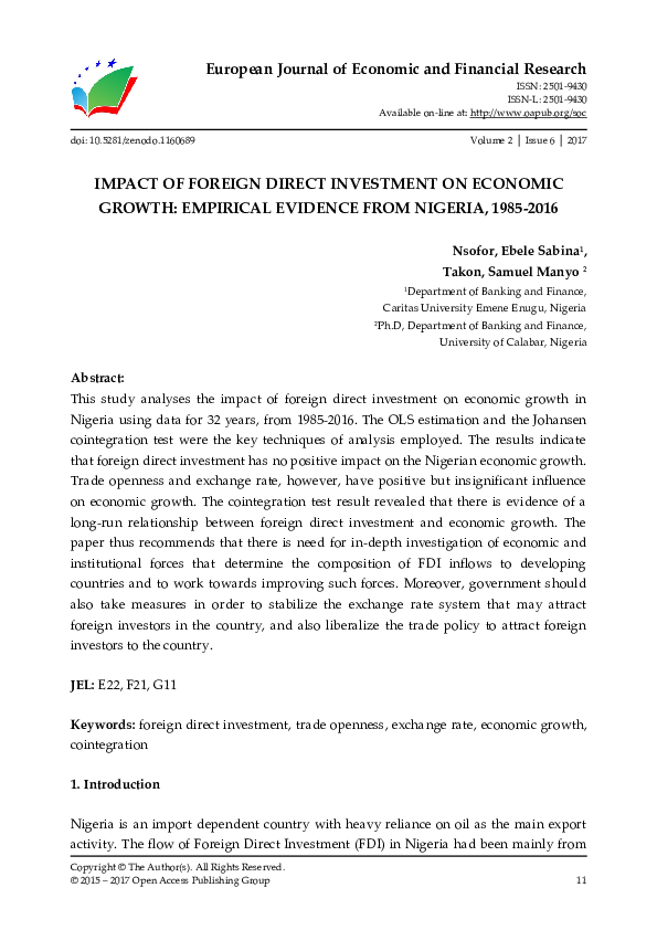 (PDF) Impact Of Foreign Direct Investment On Economic Growth: Empirical ...
