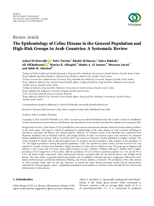 (PDF) The Epidemiology of Celiac Disease in the General Population and ...