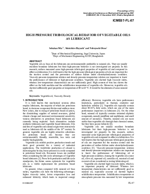 (PDF) High Pressure Tribological Behavior of Vegetable Oils as
