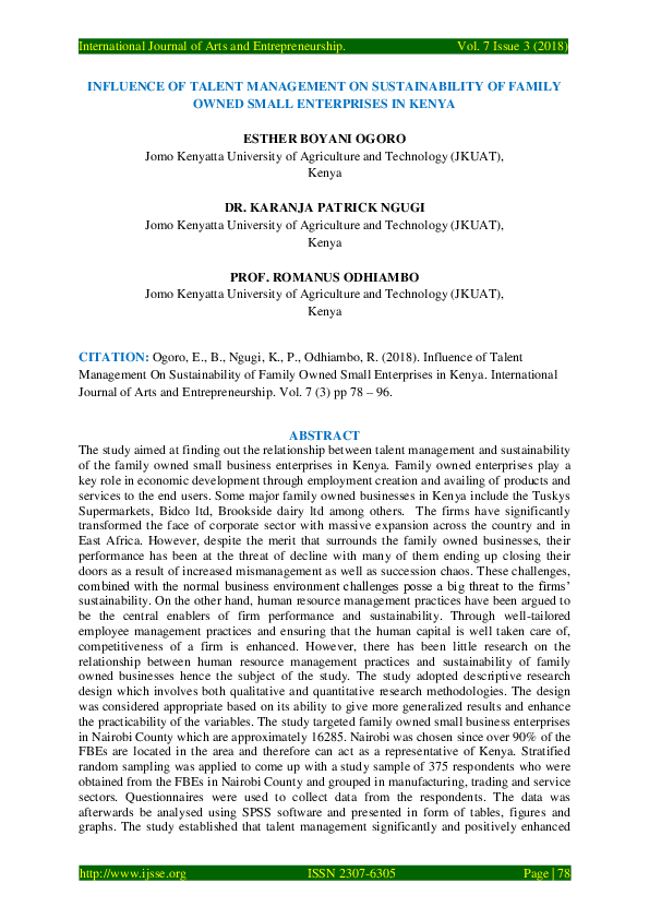 (PDF) Influence of Talent Management on Sustainability of Family Owned ...