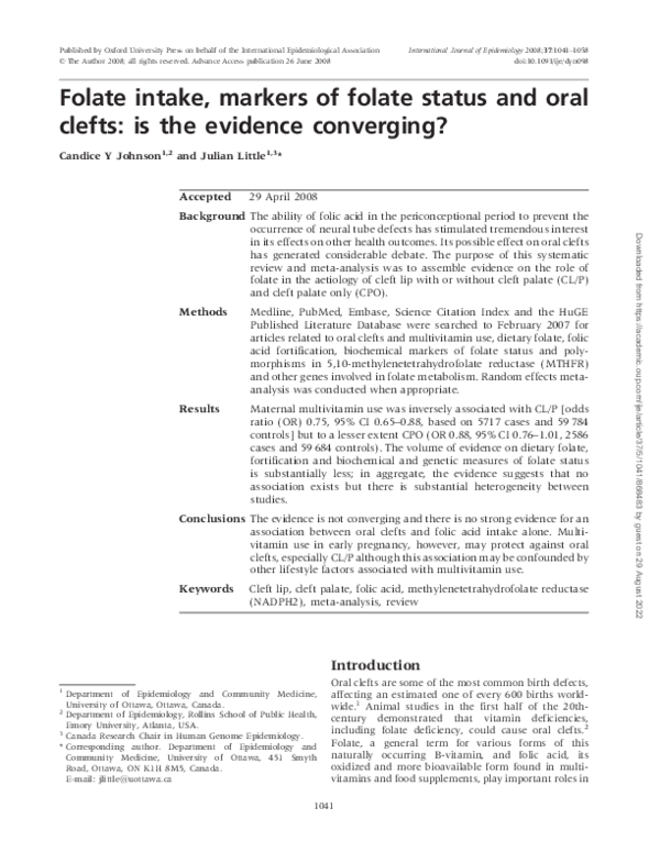 (PDF) Folate intake, markers of folate status and oral clefts: is the ...
