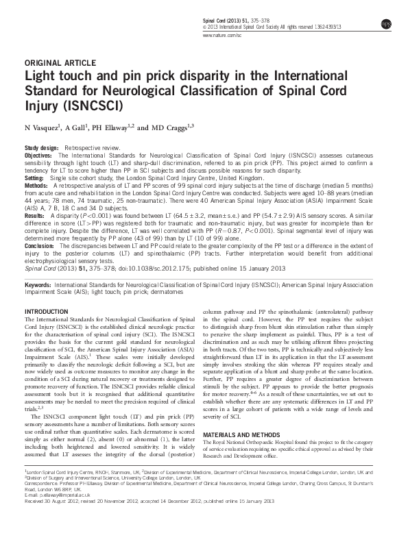 (PDF) Light touch and pin prick disparity in the International Standard