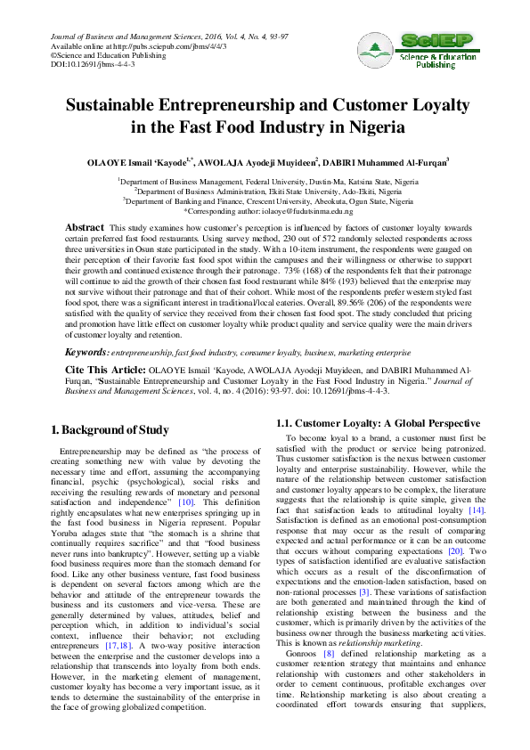 (PDF) Sustainable Entrepreneurship and Customer Loyalty in the Fast ...