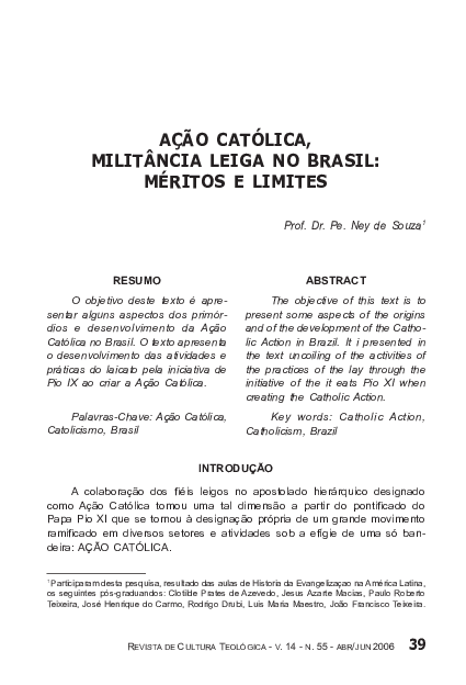 (PDF) Ação Católica, Militância Leiga No Brasil: Méritos e Limites