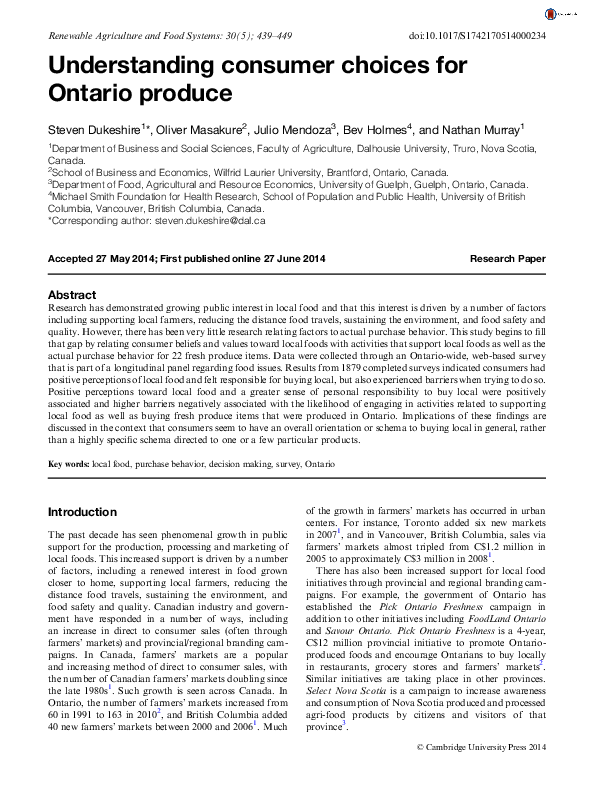 (PDF) Understanding consumer choices for Ontario produce