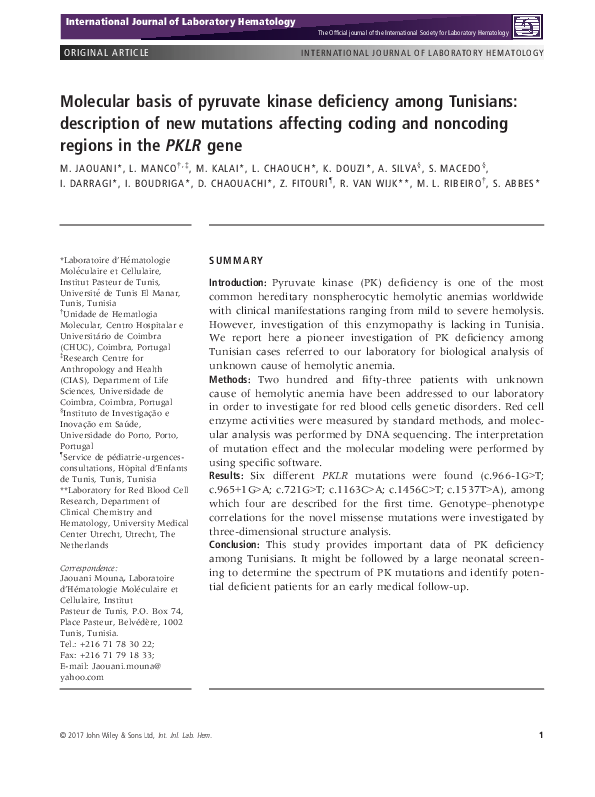 (PDF) Molecular basis of pyruvate kinase deficiency among Tunisians ...