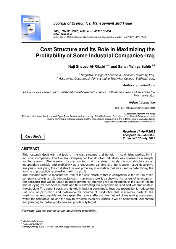 (PDF) Cost Structure and Its Role in Maximizing the Profitability of ...