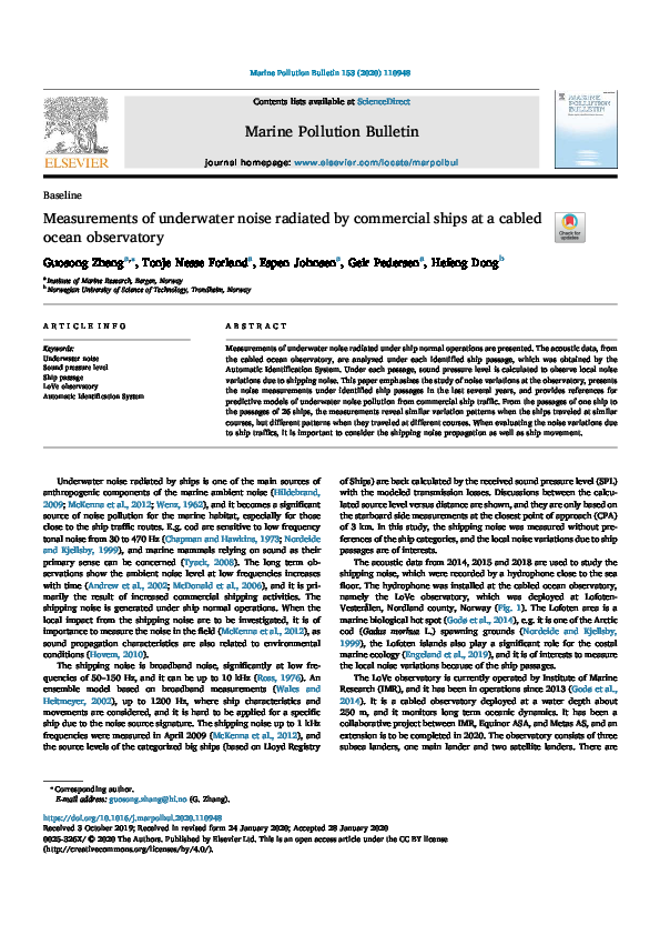 (PDF) Measurements of underwater noise radiated by commercial ships at ...