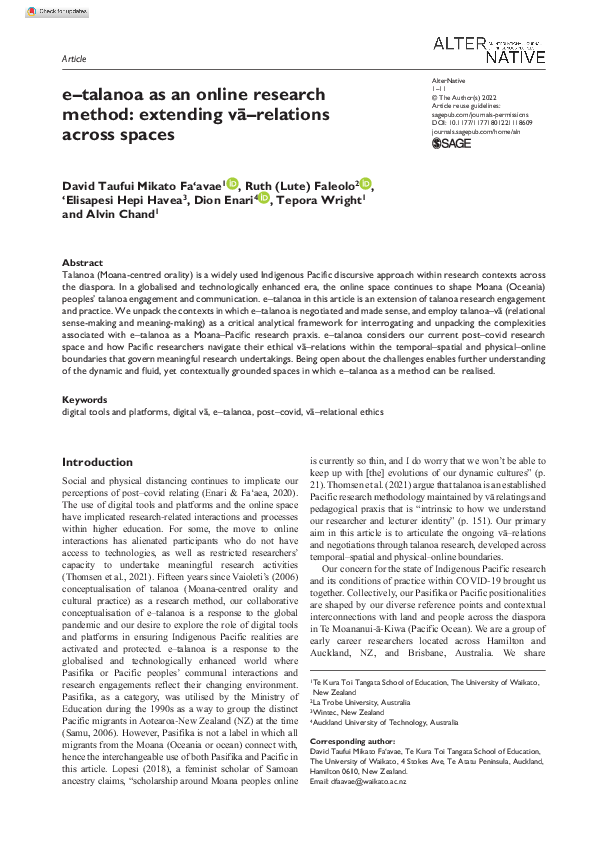 (PDF) e-talanoa as an online research method: extending vā-relations ...