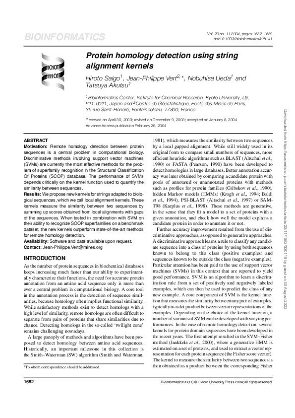 (PDF) Protein homology detection using string alignment kernels