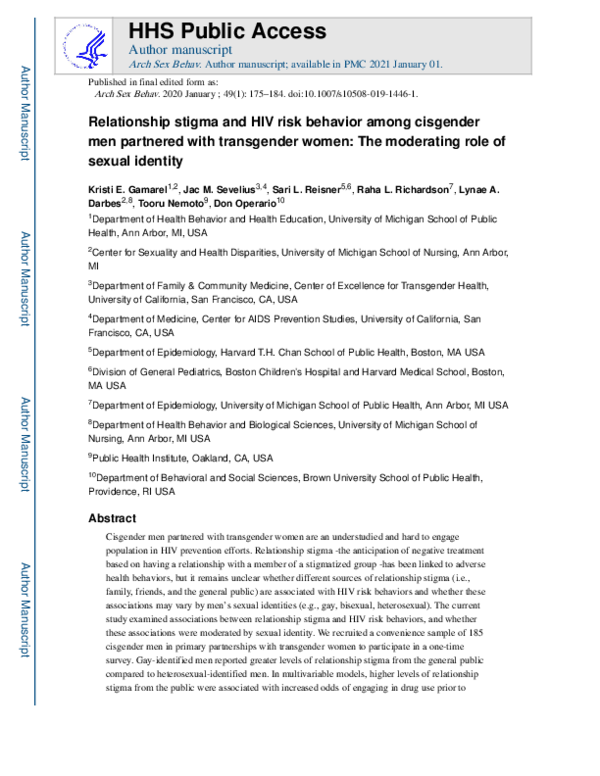 (PDF) Relationship Stigma and HIV Risk Behavior Among Cisgender Men ...