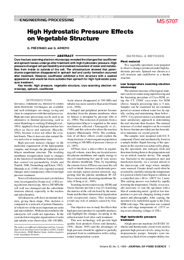 (PDF) High Hydrostatic Pressure Effects on Vegetable Structure