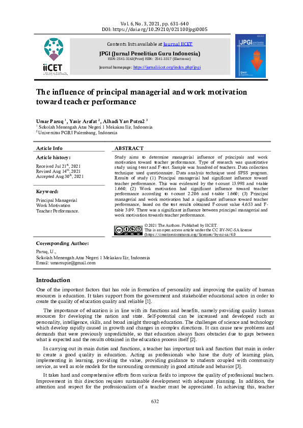 (PDF) The influence of principal managerial and work motivation toward ...