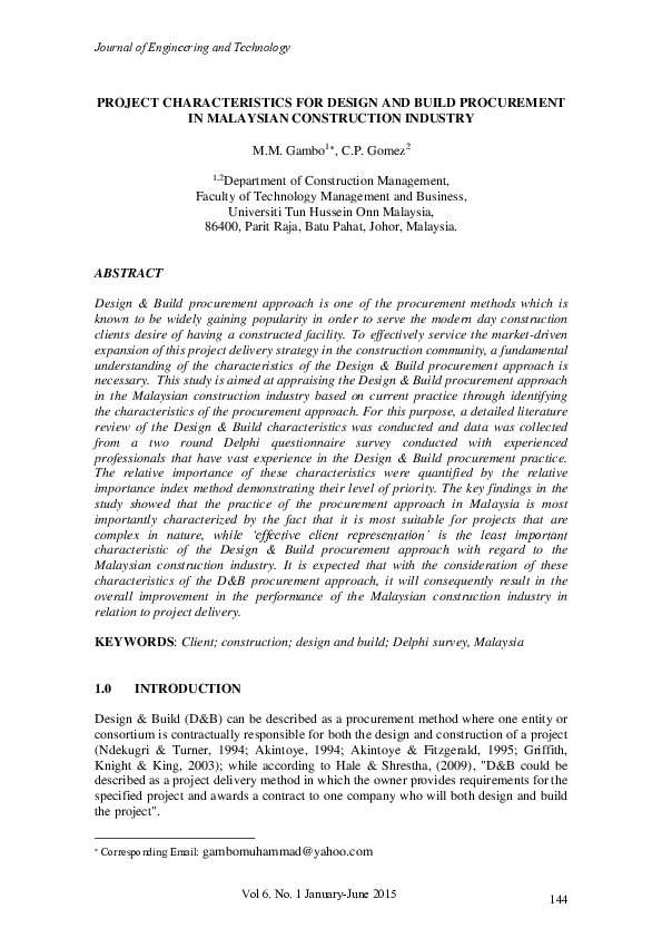  pdf project characteristics for design and build procurement in