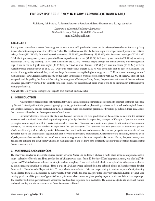 (PDF) Energy Use Efficiency in Dairy Farming of Tamilnadu
