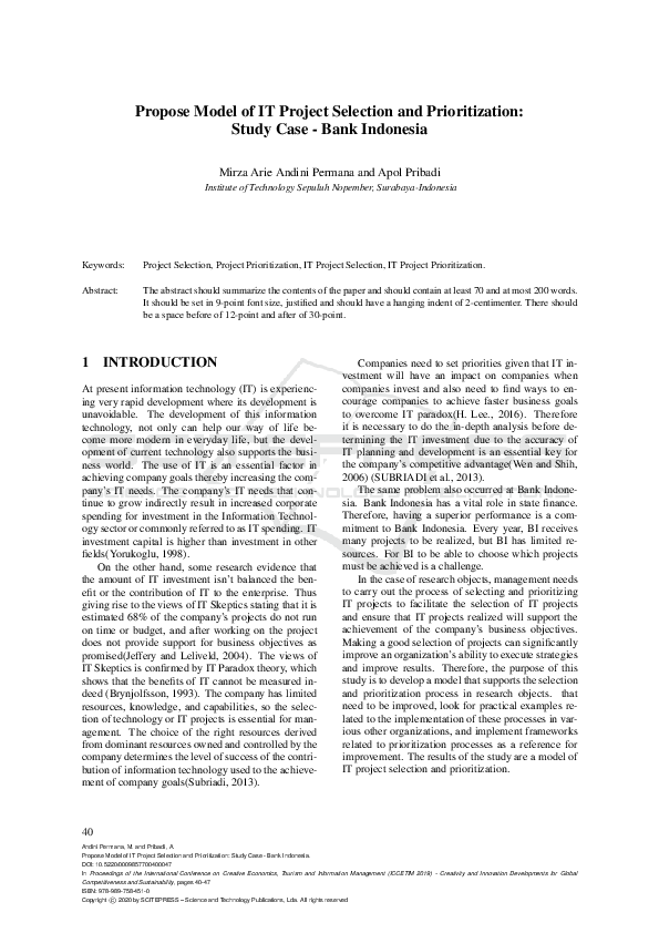 (PDF) Propose Model of IT Project Selection and Prioritization: Study ...