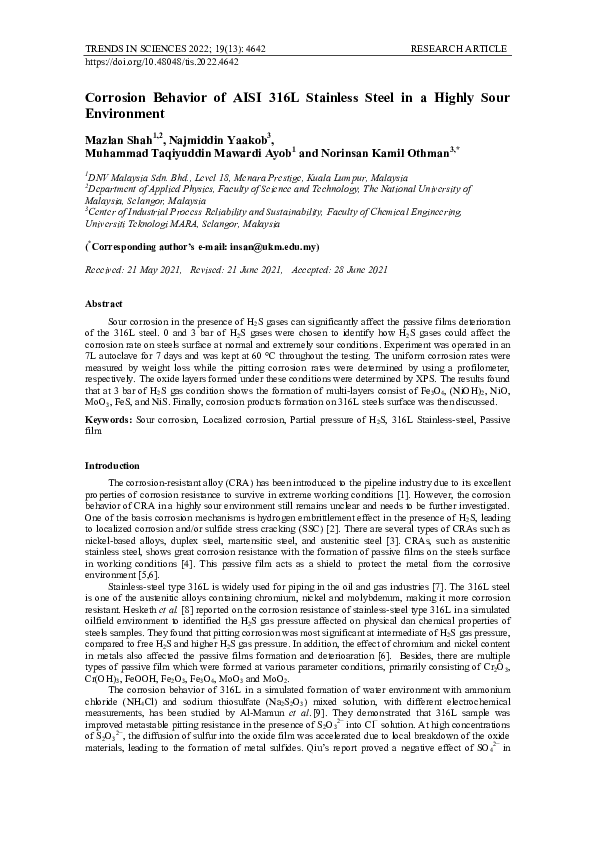 (PDF) Corrosion Behavior of AISI 316L Stainless Steel in a Highly Sour ...