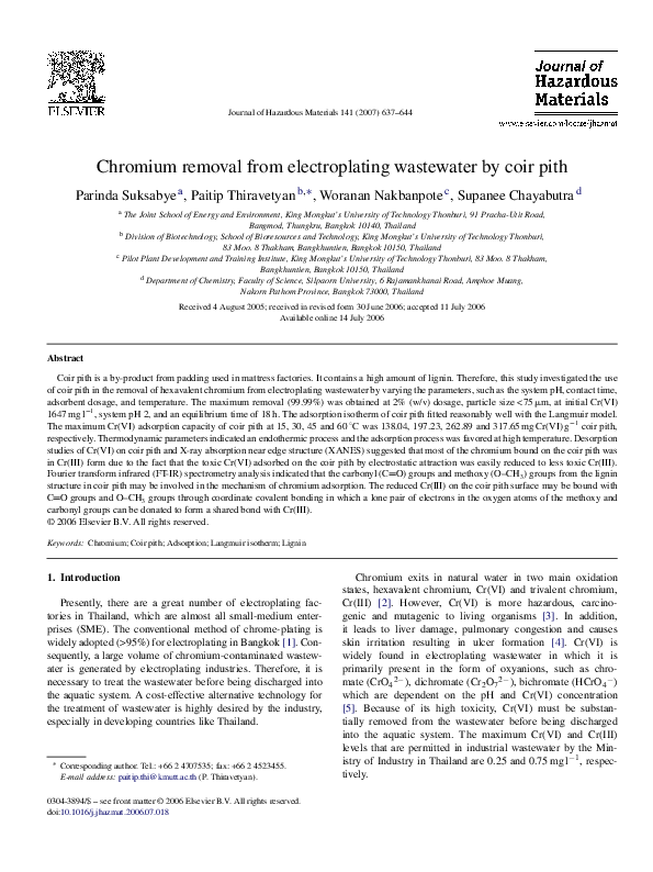 (PDF) Chromium removal from electroplating wastewater by coir pith