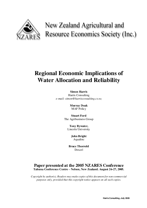 (PDF) Regional Economic Implications of Water Allocation and Reliability